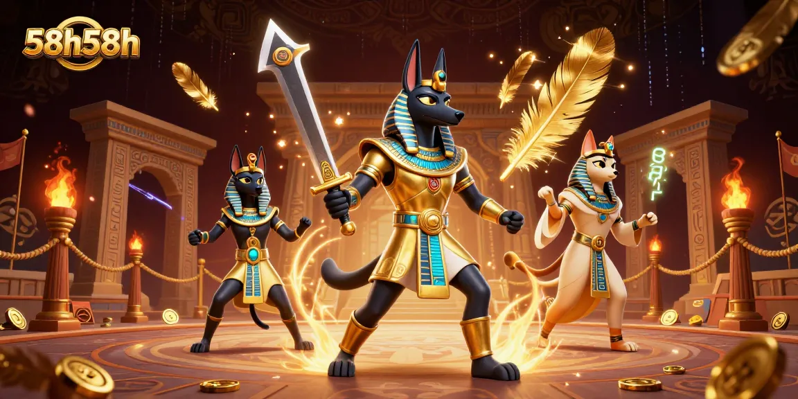 Engage with 58h58h's thrilling casino adventure featuring Anubis and Bastet in a vibrant 3D scene.
