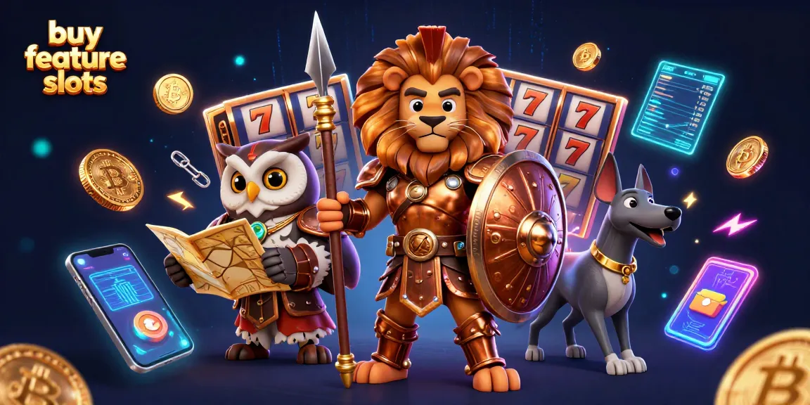Engage with buy feature slots in this vibrant 3D cartoon illustration featuring heroic characters and dynamic game elements.