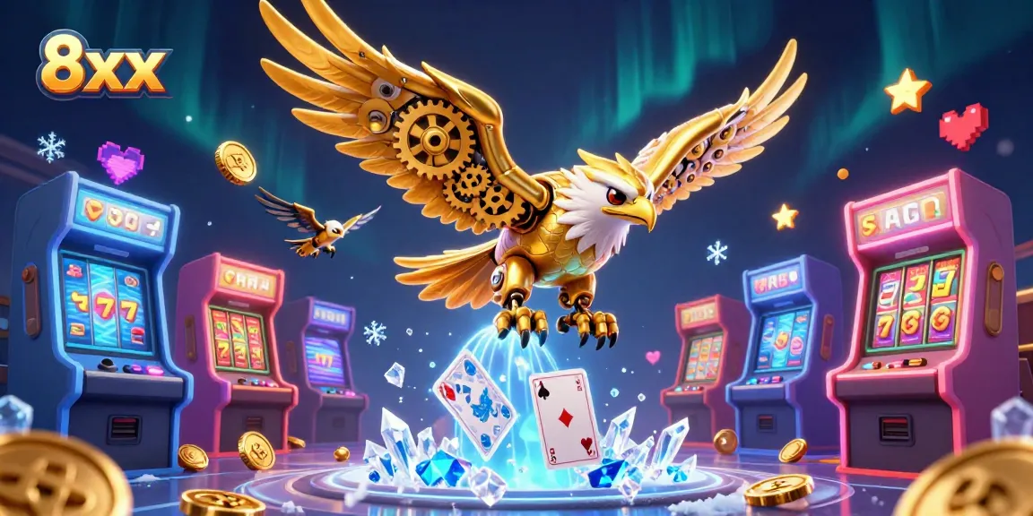 Experience thrilling gameplay at 8xx with a vibrant 3D illustration of cybernetic eagles and casino elements.