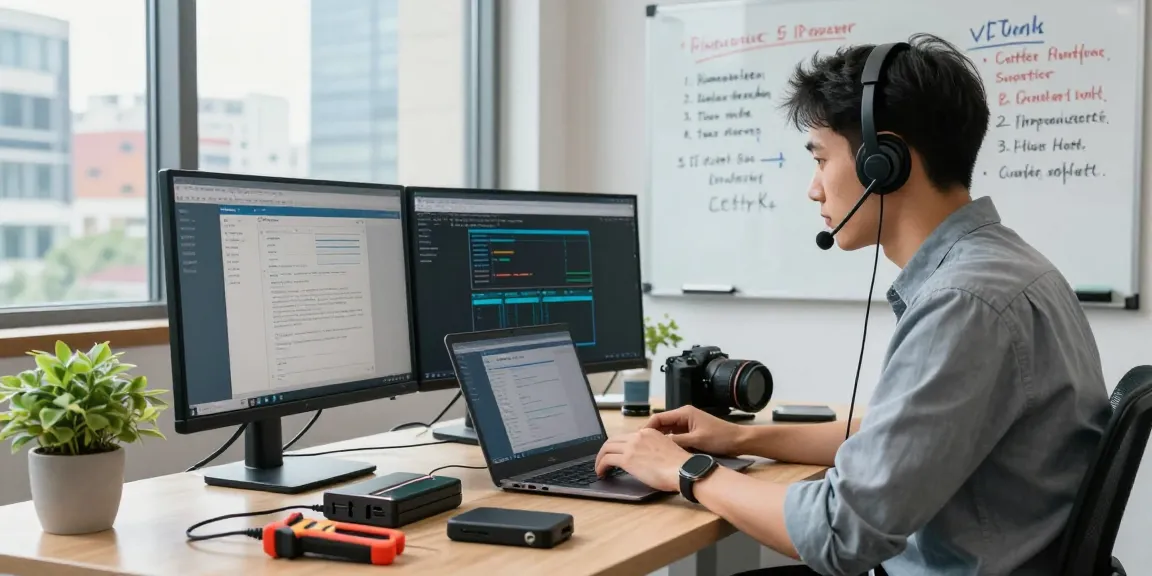 Remote IT support for small business technician troubleshooting client issues in a modern office.