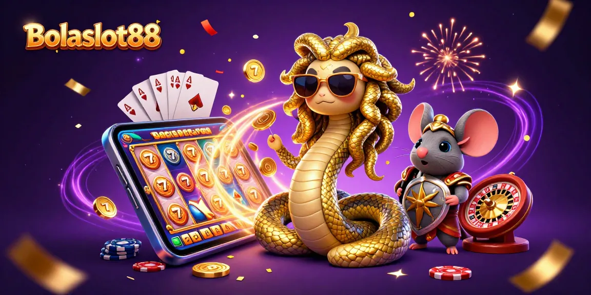 Bolaslot88 players enjoy high RTP slots with Medusa and a warrior mouse in a magical casino scene.