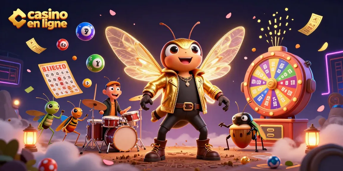 Illustration dynamique de casino en ligne avec une cicada rock star et l'art dramatique des jeux
