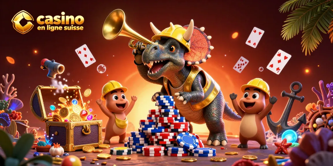 Illustration dynamique de casino en ligne suisse avec triceratops et décorations festives.