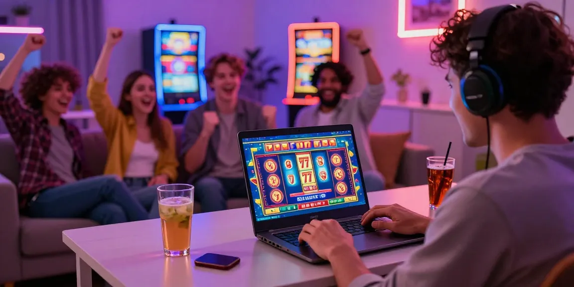 Exciting gameplay on slot 777 with friends celebrating wins in a modern home setup.