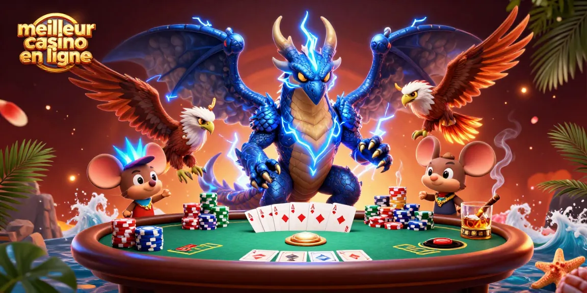 Découvrez le meilleur casino en ligne avec une scène vibrante de poker, des personnages fantastiques, et des éléments de jeu captivants.