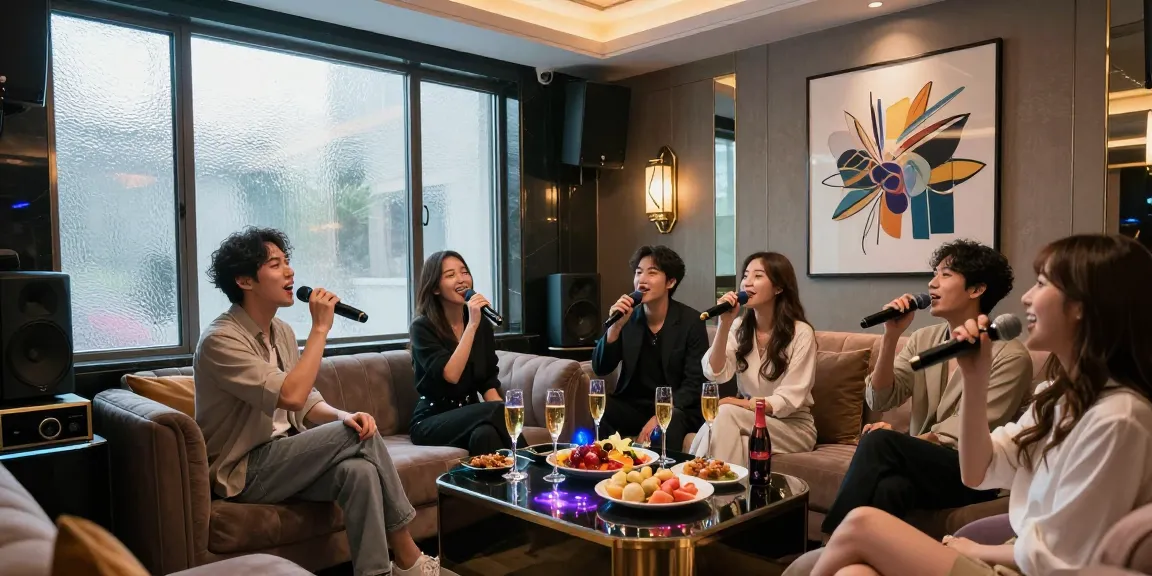 강남가라오케의 고급스러운 프라이빗 룸에서 친구들이 즐겁게 노래하며 음료를 즐기는 모습