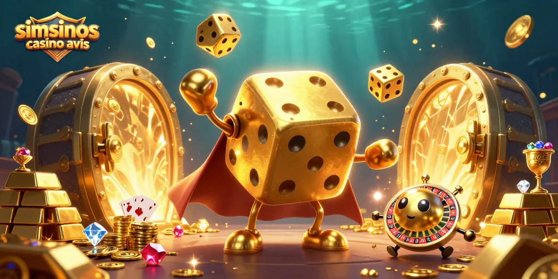 Jouez à Simsinos casino avis avec des dés dorés et des gemmes dans une scène animée.