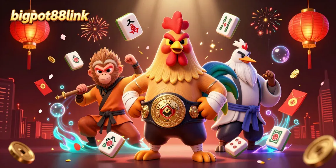 Engage with bigpot88link through an action-packed scene showcasing a Muay Thai rooster and martial artists in a vibrant casino atmosphere.