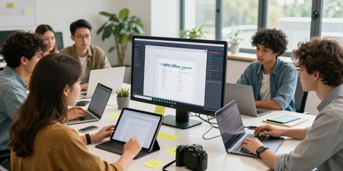 在协作空间中，团队成员使用 WPS Office 下载共同编辑文档，展现高效的协作氛围。