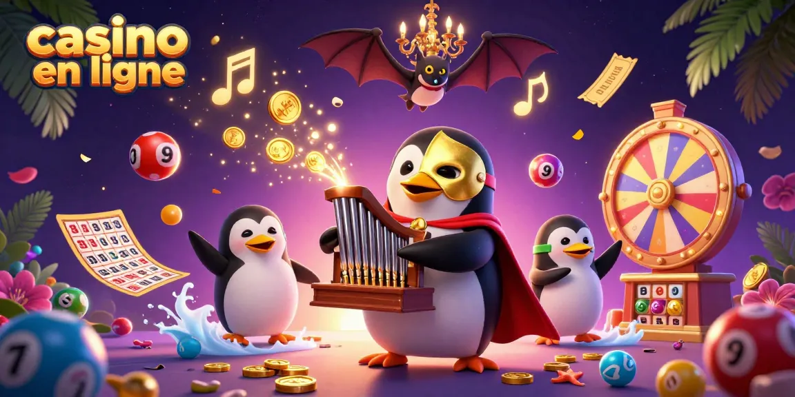 Profitez d'une illustration dynamique d'un casino en ligne avec un pingouin enphantom de l'opéra jouant un orgue à pièces d'or.