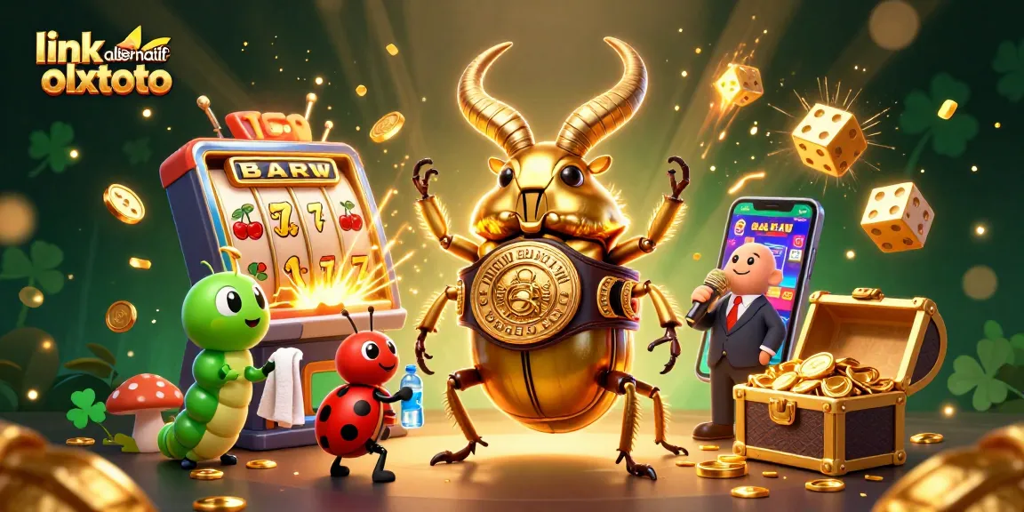 Gambarkan link alternatif olxtoto dengan jackpot dan karakter menghibur di latar belakang kasino.