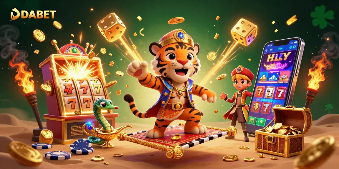 DABET captivates players with an enchanting jackpot scene filled with vibrant slot symbols and lively characters.