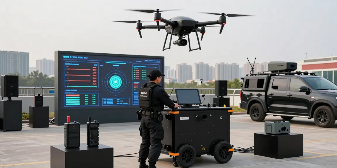 Anti drone jammer technician operating portable defense unit in urban setting with drone.