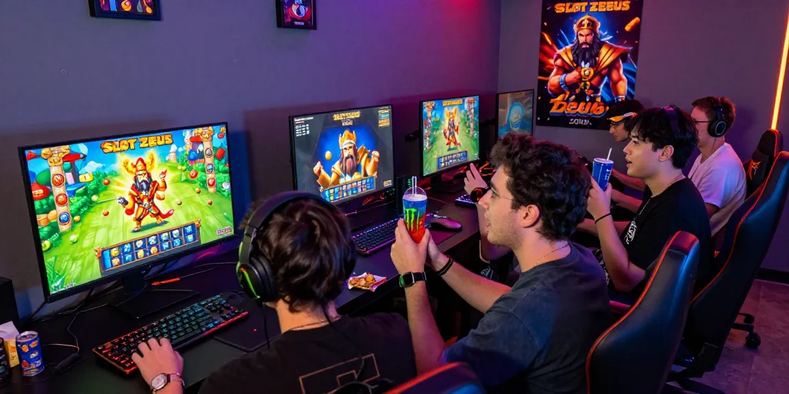 Excited friends enjoying a gaming session of Slot Zeus with vibrant graphics and cozy atmosphere.