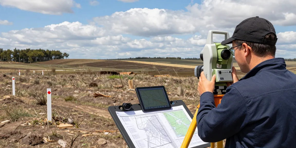 Topographical surveys in action, surveyor collecting data using GNSS and total station in diverse terrain.