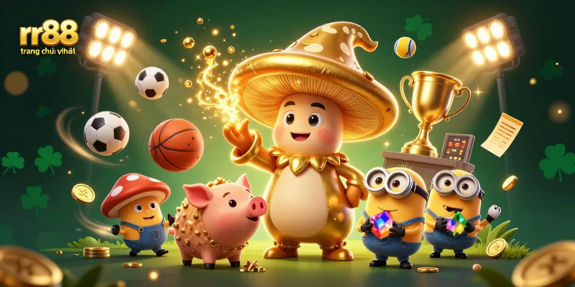 Engage with the thrilling scene at rr88 trang chủ uy tín featuring a golden mushroom wizard casting magic amidst dynamic sports elements.
