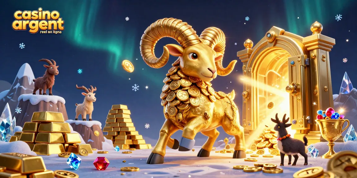 Visualiser casino argent reel en ligne avec un bélier doré et des trésors scintillants.