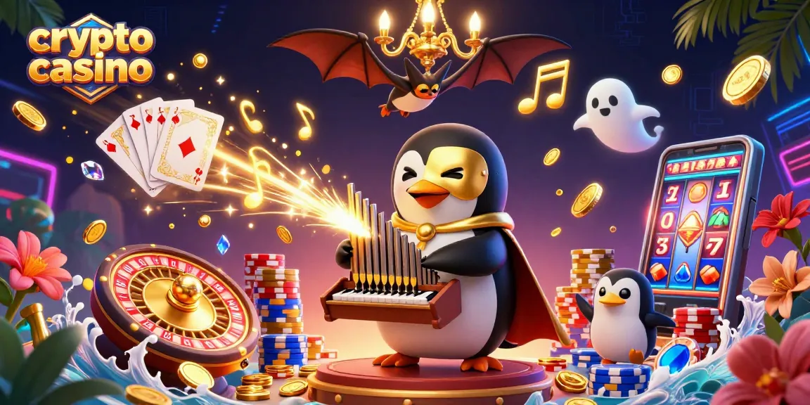 Jouer dans un casino crypto et gagner avec le penguin fantôme et des pièces d'or.