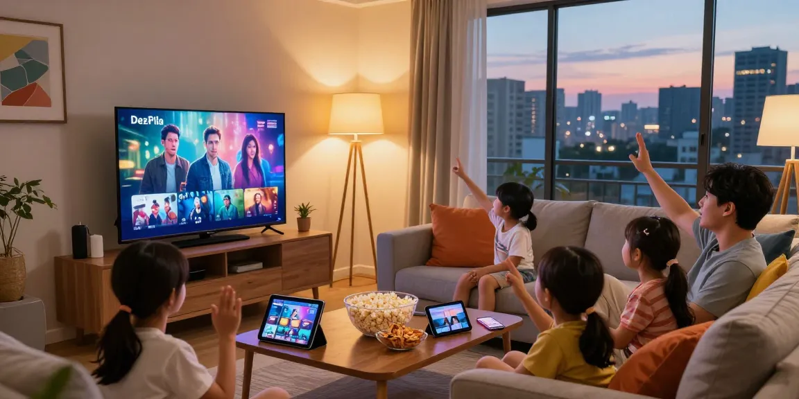 Family enjoying a movie night with DezPila streaming content on TV.