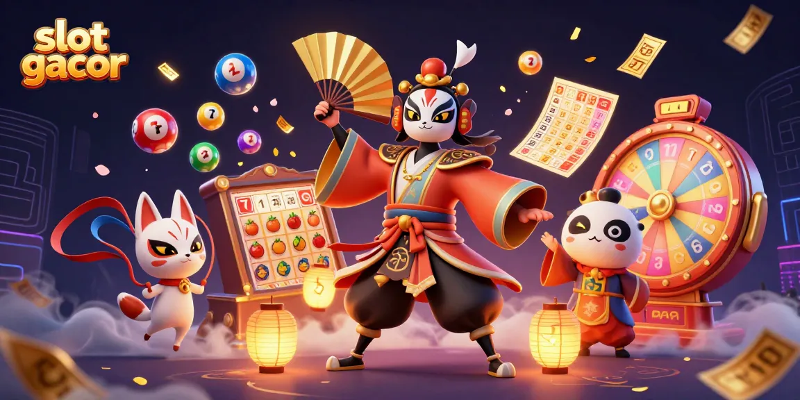 Experience slot gacor excitement with a vibrant scene featuring animated characters, colorful lottery elements, and dynamic gaming visuals.