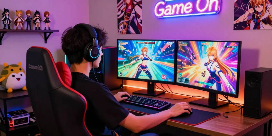 Player enjoying a vibrant hentai game in a dynamic gaming setup with dual monitors and collectibles.
