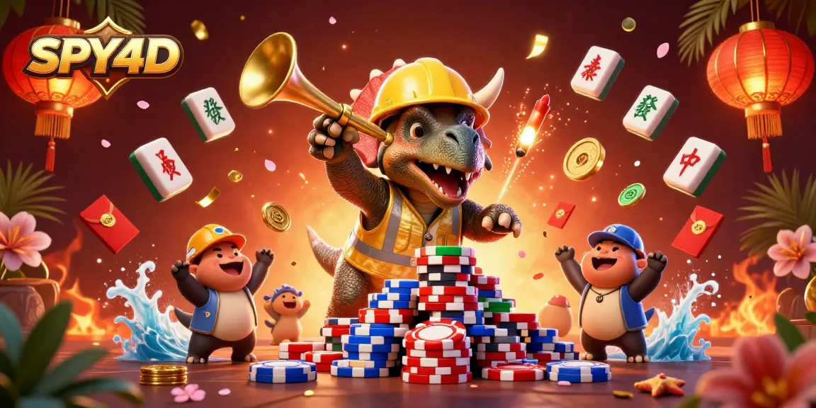 SPY4D merayakan permainan dengan triceratops membangun tumpukan chip poker dikelilingi elemen berkilau
