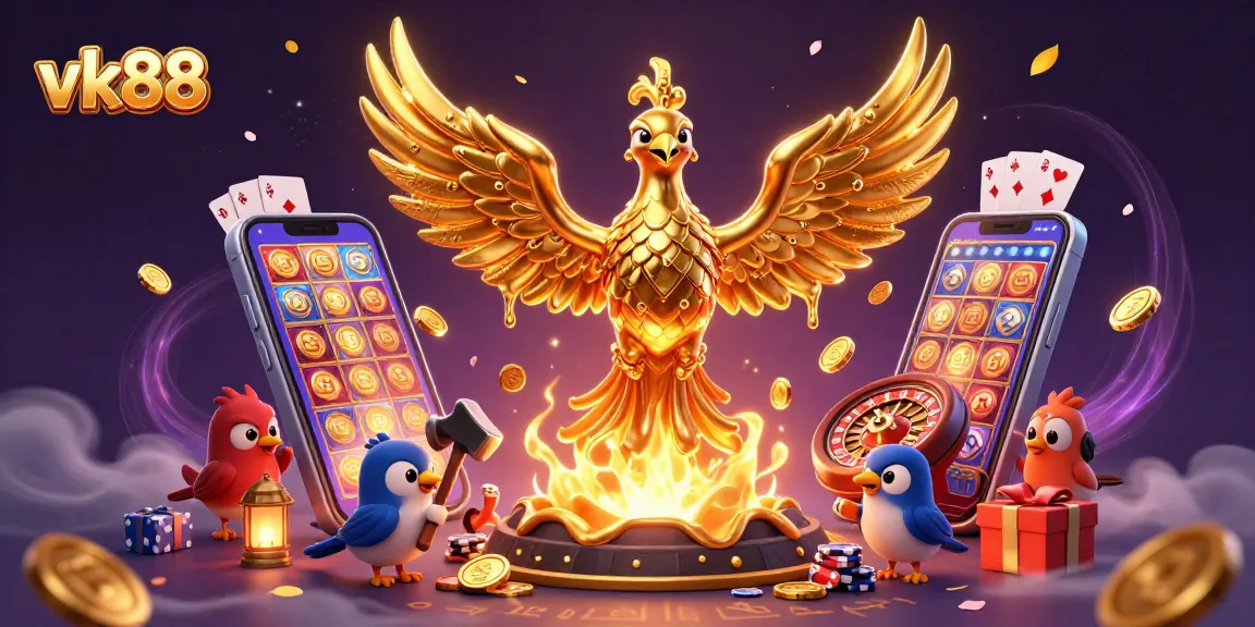 Experience the vibrant excitement of vk88 with a golden phoenix and casino elements in 3D.