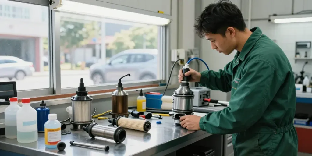Professionelle DPF Reinigung Hannover mit einem Techniker in einer modernen Werkstatt.