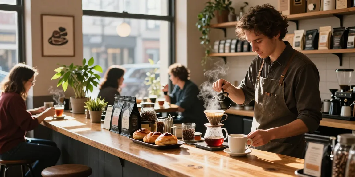 A vibrant coffee scene at https://tomorocoffee.com with a barista brewing pour-over coffee and fresh pastries, creating a warm café atmosphere.