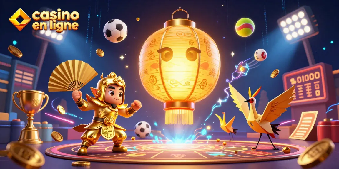 Illustration dynamique d'un casino en ligne avec des éléments de jeu, des symboles porte-bonheur, et un esprit lantern.