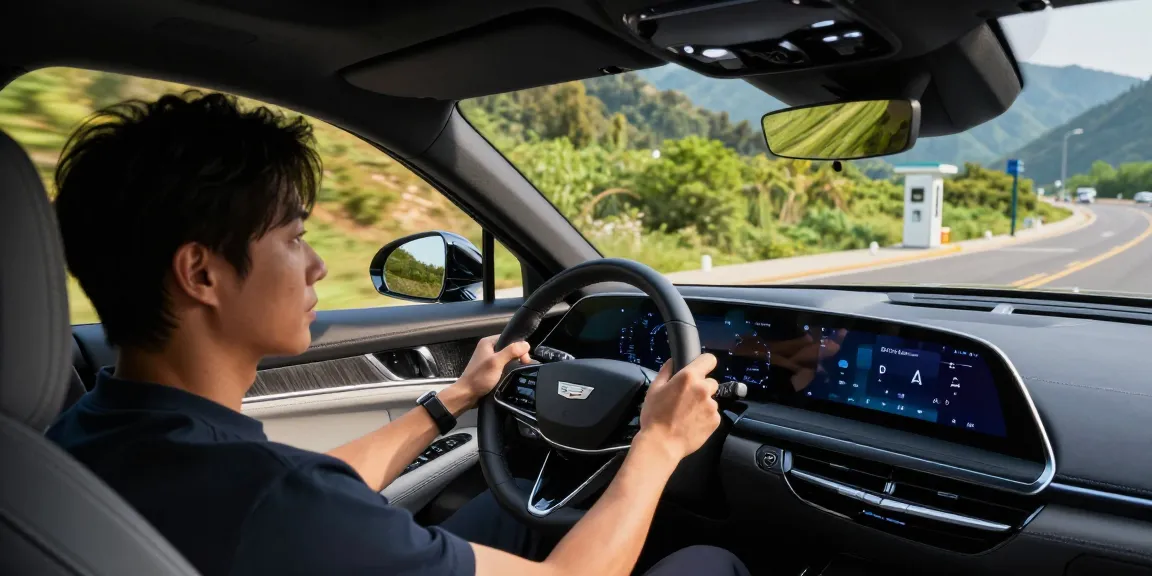 Cadillac Lyriq in Sport Mode on a scenic drive illustrating how do the driving modes in cadillac lyriq offer different ranges or battery usages?