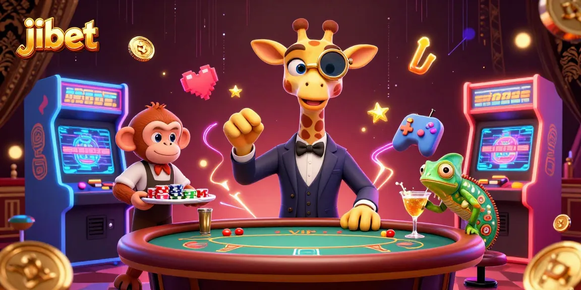 Win big at Jibet with a high-roller giraffe at the poker table surrounded by vibrant casino games.