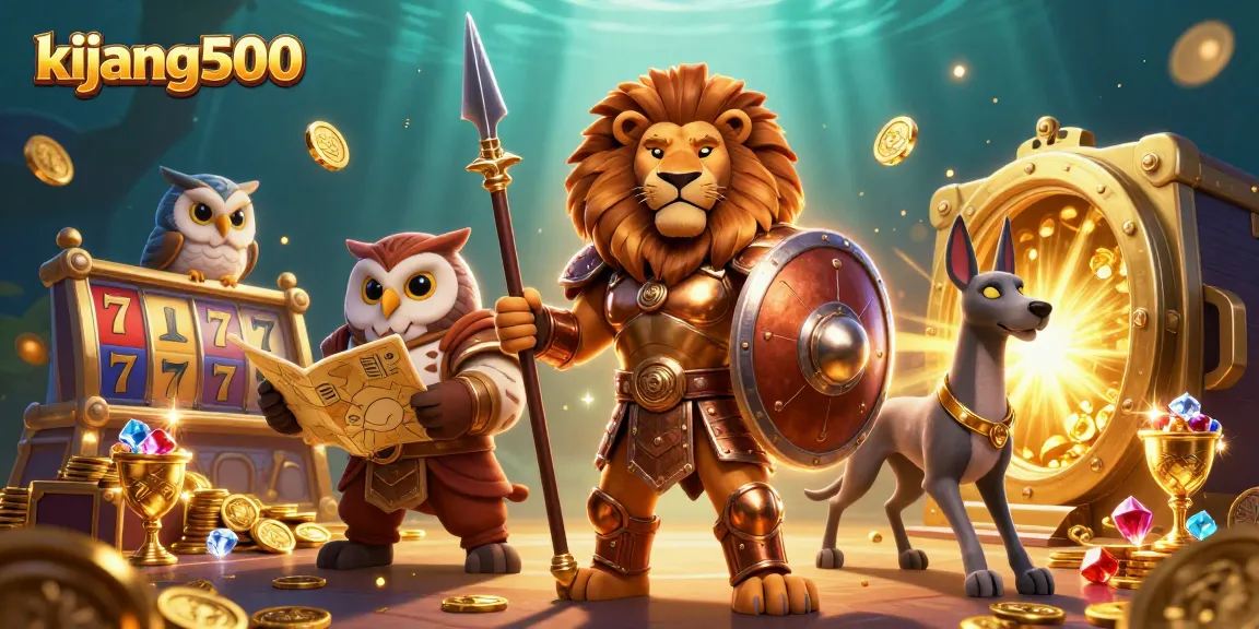 Permainan slot menyenangkan dengan kijang500 dikelilingi harta karun berkilau.
