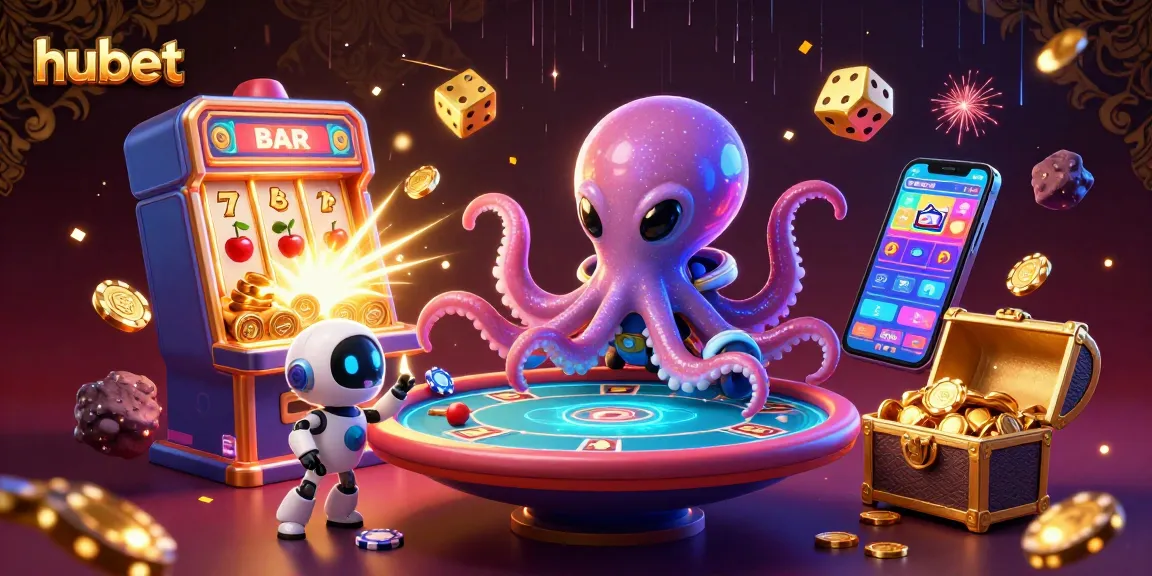 Experience the excitement of hubet with an alien octopus hosting a holographic poker game surrounded by casino elements.