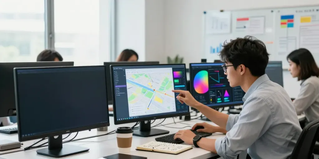 Focused professional analyzing Outscraper data in a modern office.