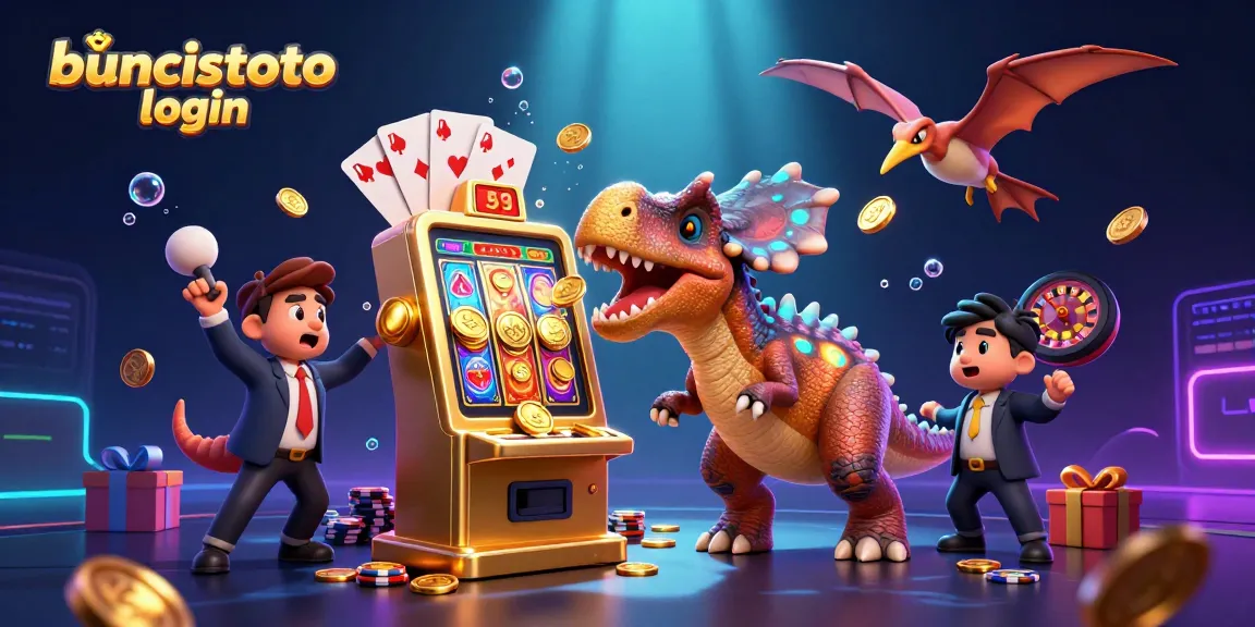 Gambarkan buncistoto login sambil mendapatkan jackpot dari mesin slot oleh karakter dinosaurus dalam gambaran kasino yang menggembirakan.