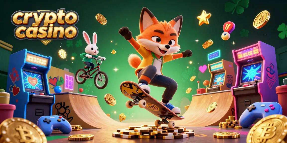 Visuel vibrant d'un casino crypto avec un renard et un lapin faisant des acrobaties autour de machines à sous.