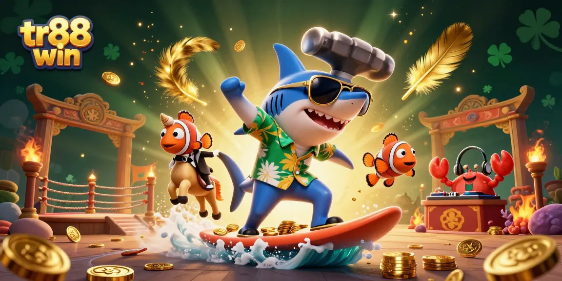 Experience thrilling excitement with tr88 win, featuring a shark and clownfish on a wave of coins.
