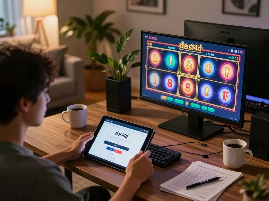 Layar login DASI4D diakses pada tablet selama sesi permainan online di pengaturan rumah yang nyaman.