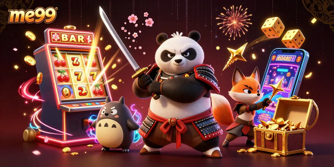 Spin and win at me99 with vibrant characters, slot machines, and dynamic casino action!