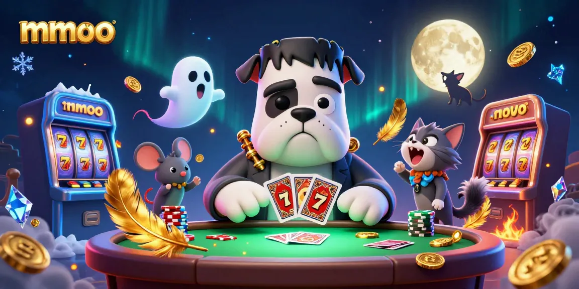 Experience thrilling card games with mmoo, featuring a Frankenstein bulldog, a ghost mouse, and a werewolf kitten in a vibrant casino scene.