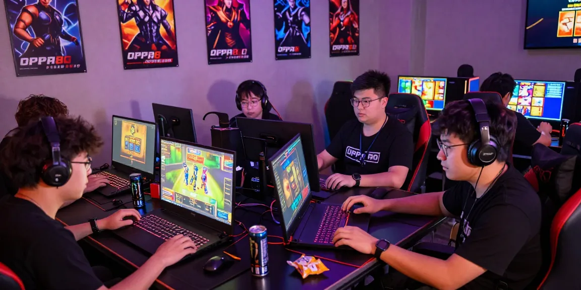 Engaged gamers enjoying OPPA86 online slot games in a vibrant gaming lounge with neon lighting.