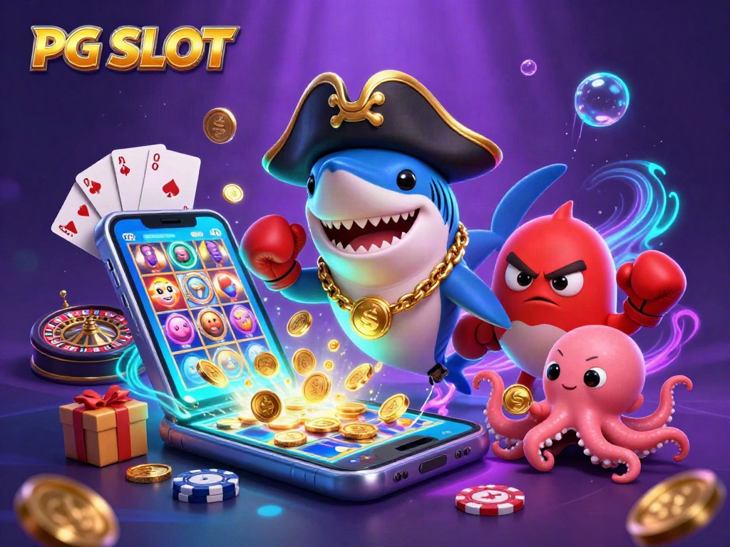 Engage with PG SLOT's thrilling elements featuring a pirate shark, pufferfish, and octopus in a dynamic casino setting.