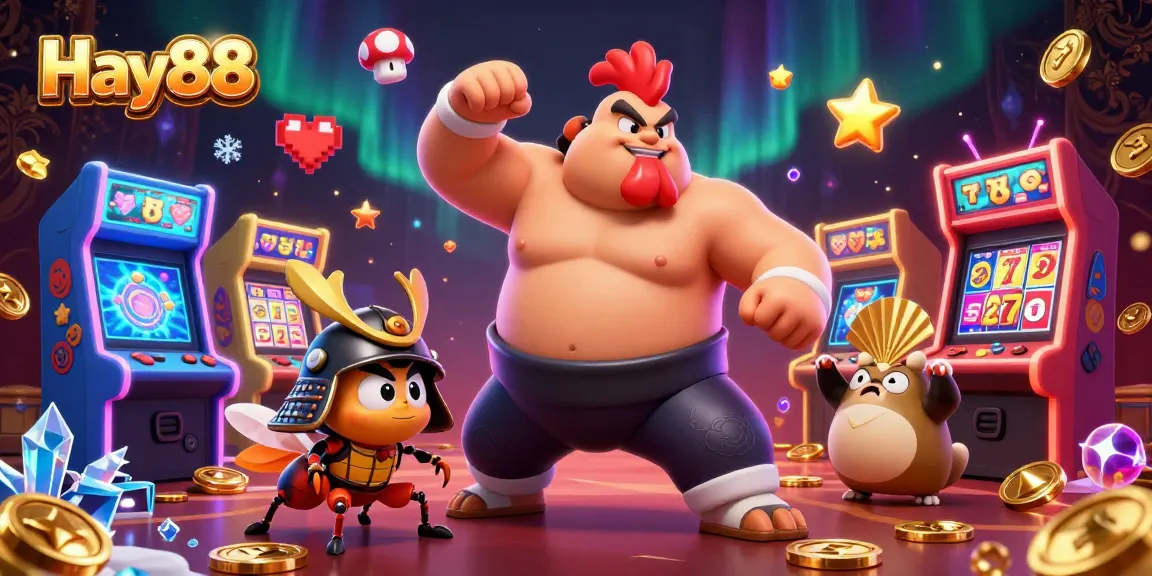 Engage with Hay88's vibrant gaming scene featuring a powerful sumo rooster, cricket warrior, and tanuki announcer amidst dynamic casino elements.