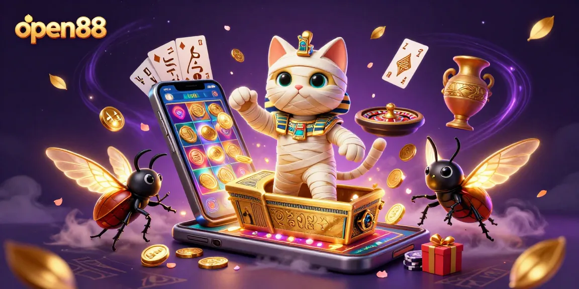 Experience the excitement of open88 with a vibrant 3D scene of casino action featuring Egyptian themes and animated gaming elements.