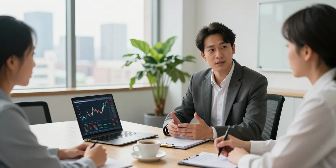 Nathan Garries consulting clients in a modern financial office, showcasing a professional atmosphere.