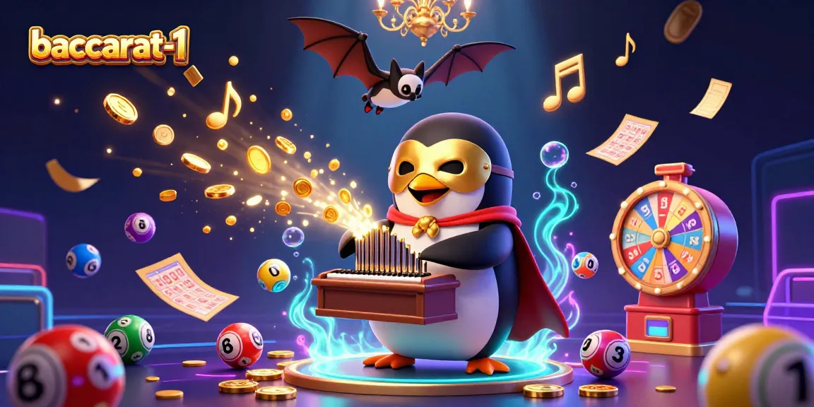 Baccarat-1 promotional illustration showcasing a festive casino scene with a phantom penguin playing an organ, surrounded by colorful elements