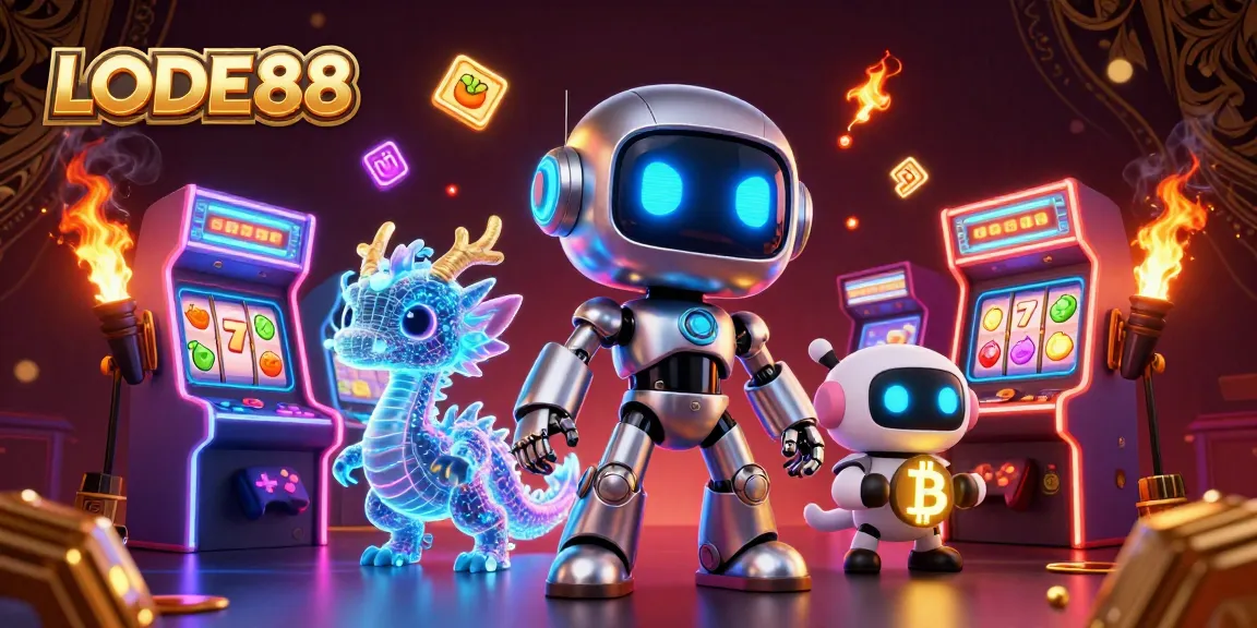 Engage with LODE88's vibrant 3D casino scene featuring lively characters and iconic gaming elements.
