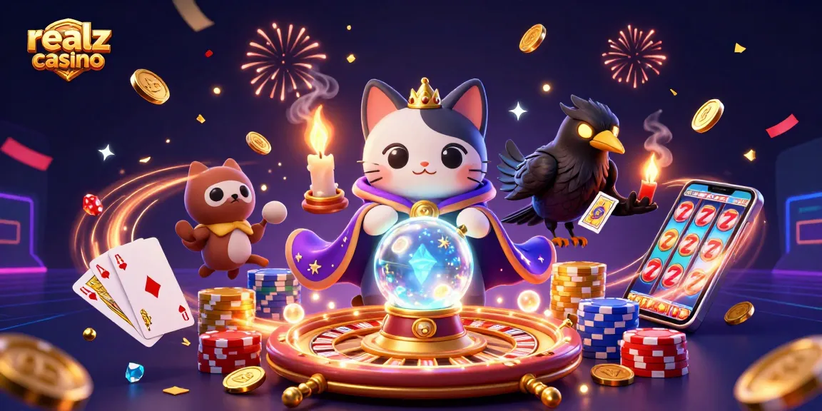 Experience the excitement of realz casino with a mystic cat and a tarot raven amidst vibrant gambling elements.