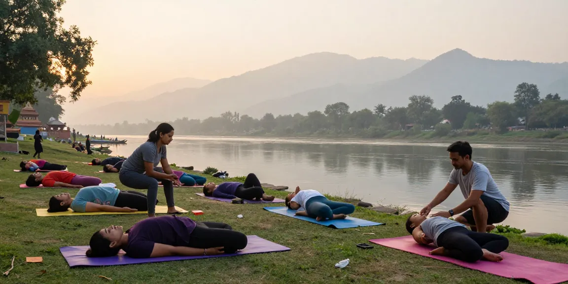100 hour yoga teacher training courses with diverse students practicing yoga by the Ganges River.